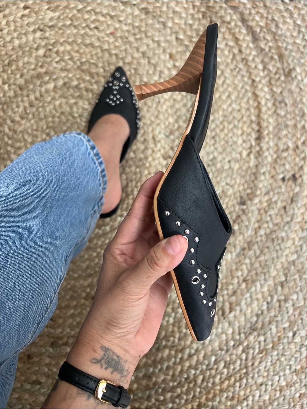 Black Pointed-Toe Slingback Heels with Silver Stud Accents - Picture 6 of 8